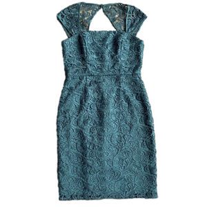 Adrianna Papell Teal Blue Lace Overlay Keyhole Back Cocktail Dress